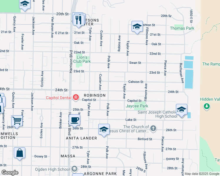 map of restaurants, bars, coffee shops, grocery stores, and more near 1423 Cahoon Street in Ogden