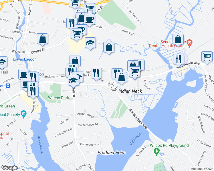 map of restaurants, bars, coffee shops, grocery stores, and more near 300 New Haven Avenue in Milford