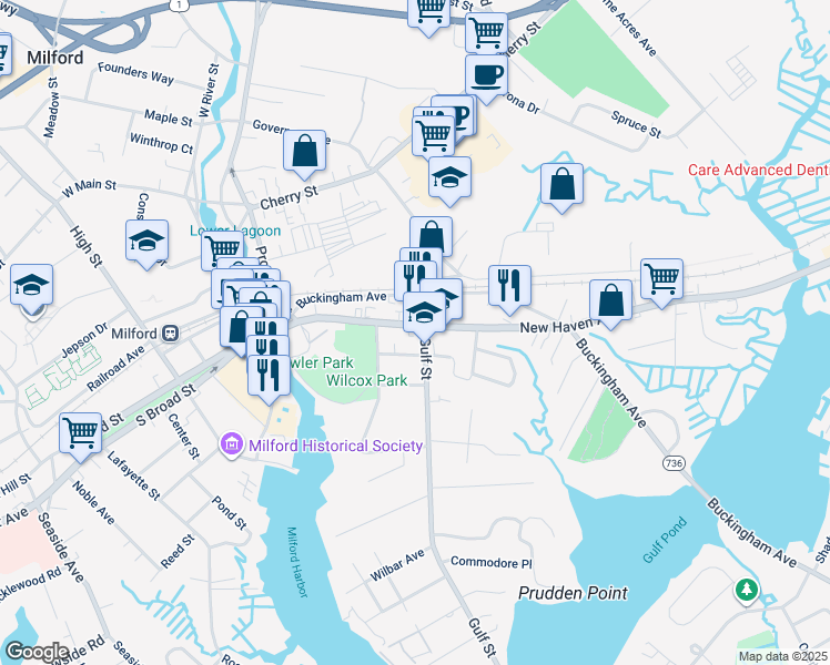 map of restaurants, bars, coffee shops, grocery stores, and more near 97 Buckingham Avenue in Milford