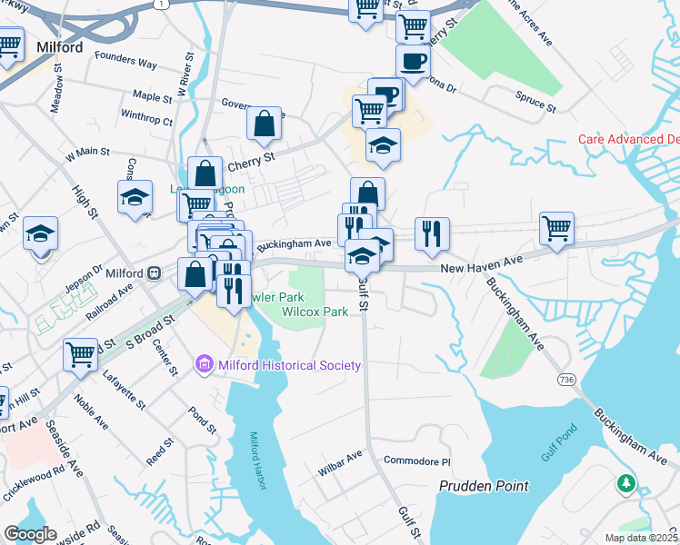 map of restaurants, bars, coffee shops, grocery stores, and more near in Milford