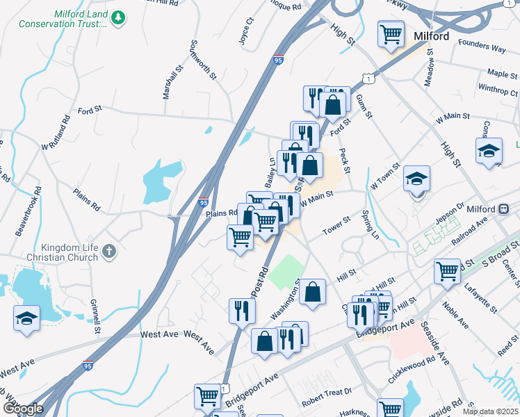 map of restaurants, bars, coffee shops, grocery stores, and more near 17 Bailey Lane in Milford