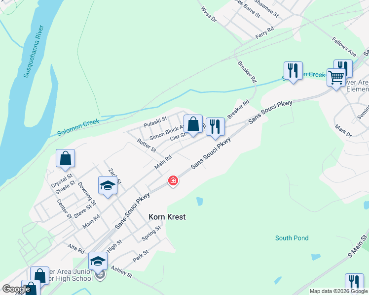 map of restaurants, bars, coffee shops, grocery stores, and more near 373 Main Road in Wilkes-Barre