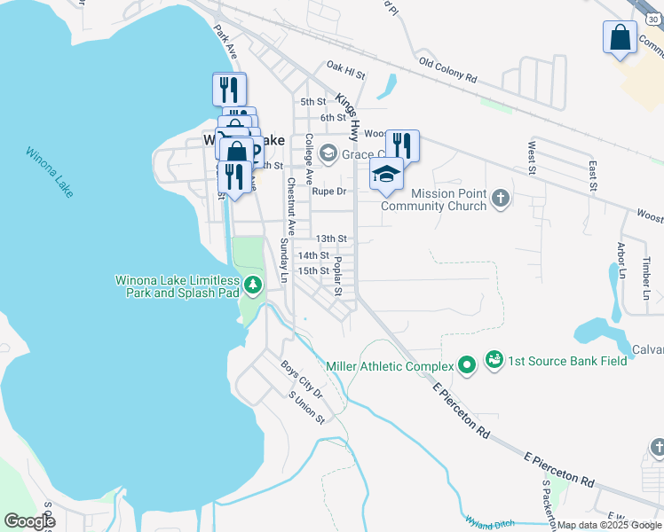 map of restaurants, bars, coffee shops, grocery stores, and more near 202 14th St in Winona Lake