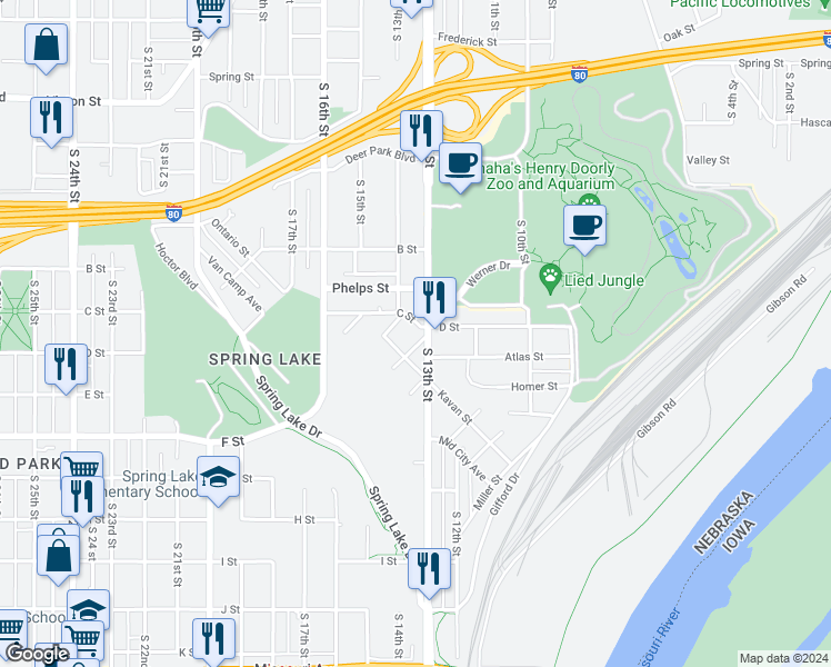 map of restaurants, bars, coffee shops, grocery stores, and more near 3901 South 14th Street in Omaha