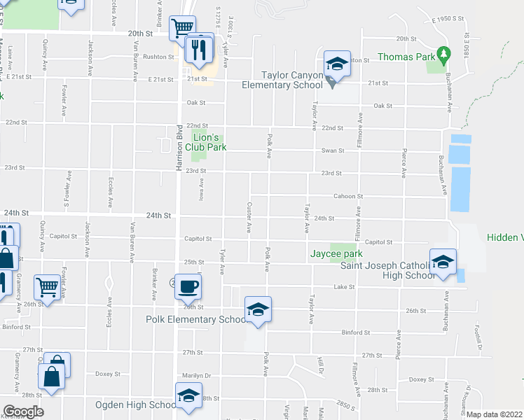 map of restaurants, bars, coffee shops, grocery stores, and more near 1380 24th Street in Ogden