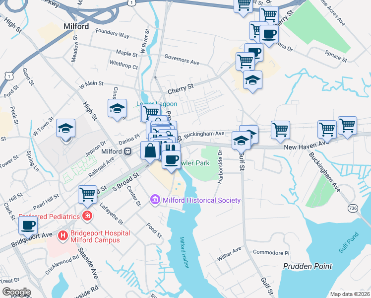 map of restaurants, bars, coffee shops, grocery stores, and more near 7 Prospect Street in Milford