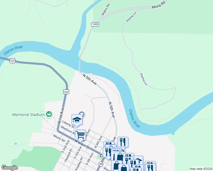 map of restaurants, bars, coffee shops, grocery stores, and more near 100-398 Firemans Road in Clarion