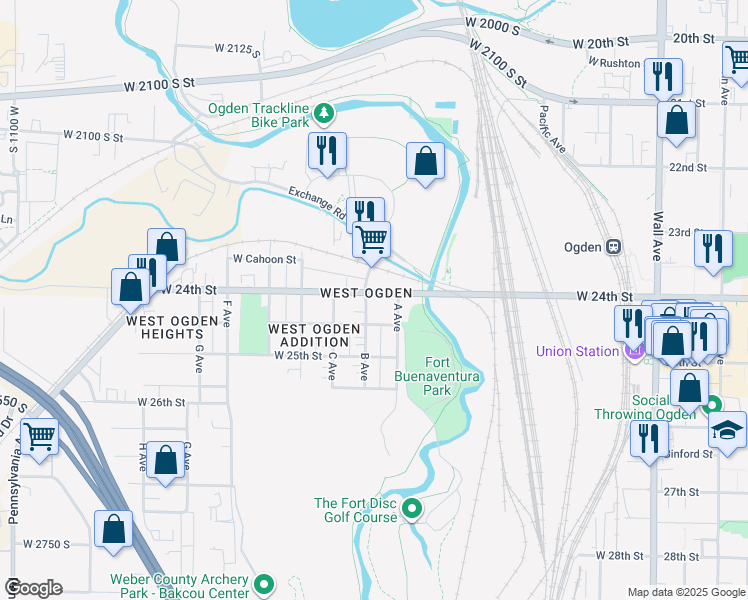 map of restaurants, bars, coffee shops, grocery stores, and more near 539 West 24th Street in Ogden