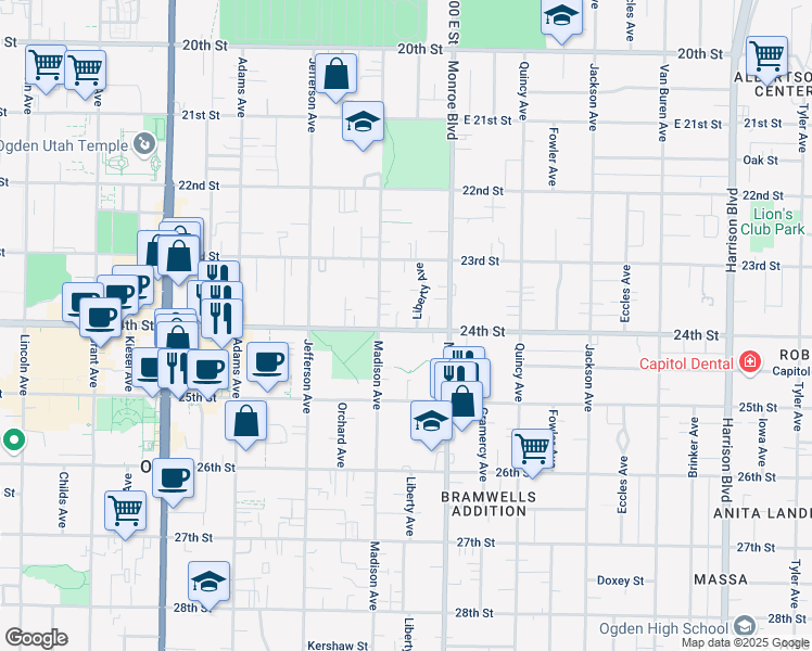 map of restaurants, bars, coffee shops, grocery stores, and more near 2380 Madison Avenue in Ogden