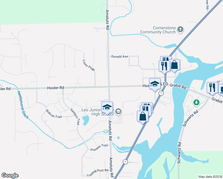 map of restaurants, bars, coffee shops, grocery stores, and more near 10012 Hosler Road in Leo-Cedarville