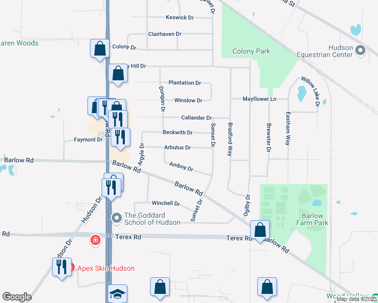 map of restaurants, bars, coffee shops, grocery stores, and more near 1754 Arbutus Drive in Hudson