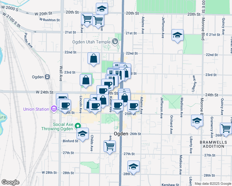 map of restaurants, bars, coffee shops, grocery stores, and more near 2389 Washington Boulevard in Ogden