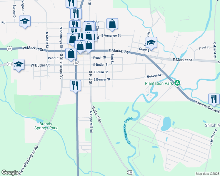 map of restaurants, bars, coffee shops, grocery stores, and more near 320 South East Street in Mercer