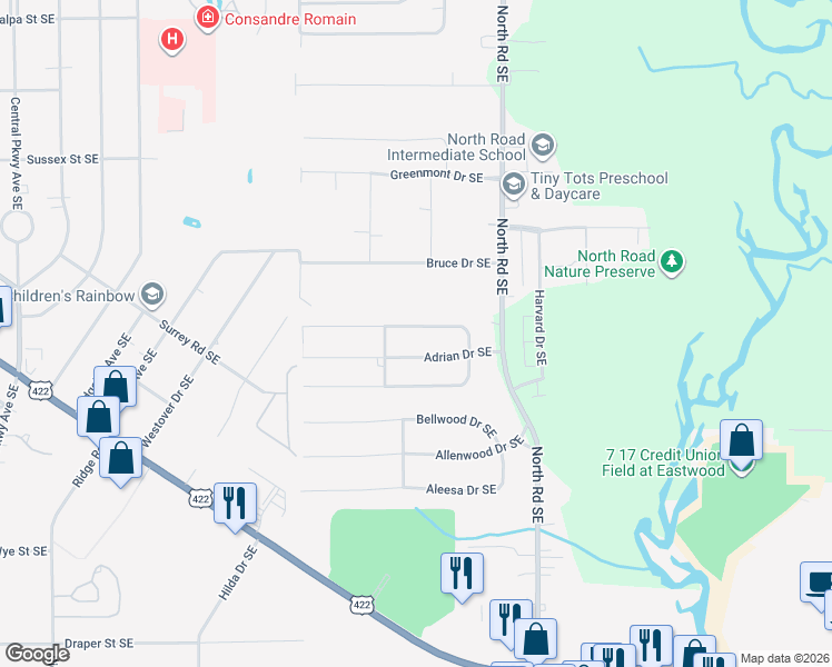 map of restaurants, bars, coffee shops, grocery stores, and more near 3990 Fairlawn Heights Drive Southeast in Warren