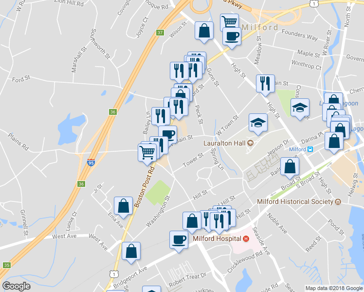 map of restaurants, bars, coffee shops, grocery stores, and more near 339 West Main Street in Milford