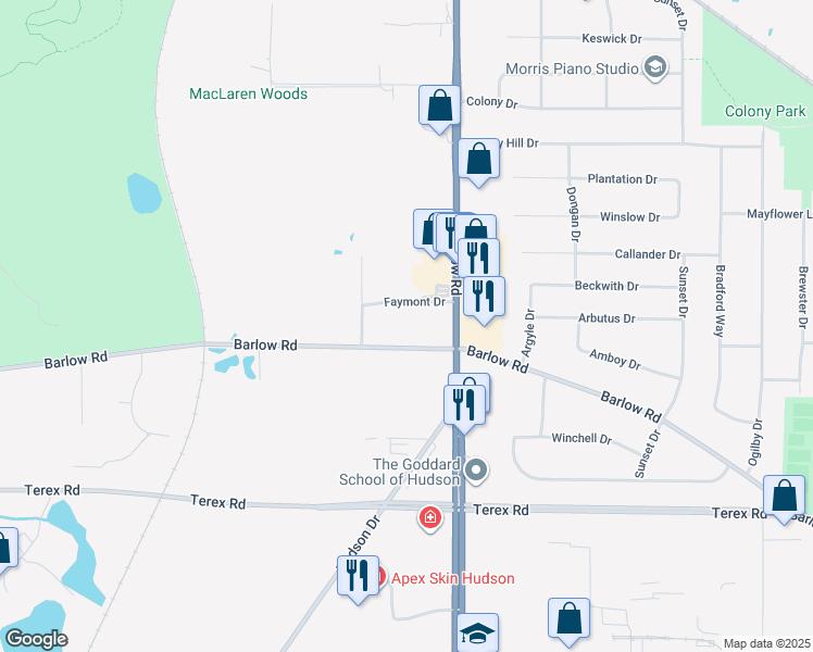 map of restaurants, bars, coffee shops, grocery stores, and more near 1421 Barlow Road in Hudson