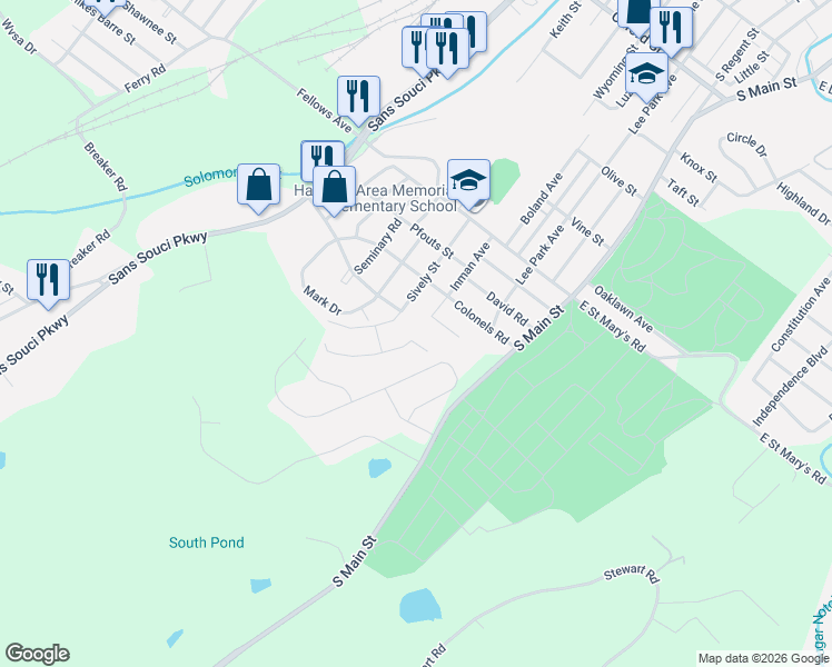 map of restaurants, bars, coffee shops, grocery stores, and more near 303 Vanessa Drive in Wilkes-Barre