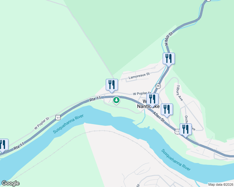 map of restaurants, bars, coffee shops, grocery stores, and more near 97-99 W Poplar St in Nanticoke