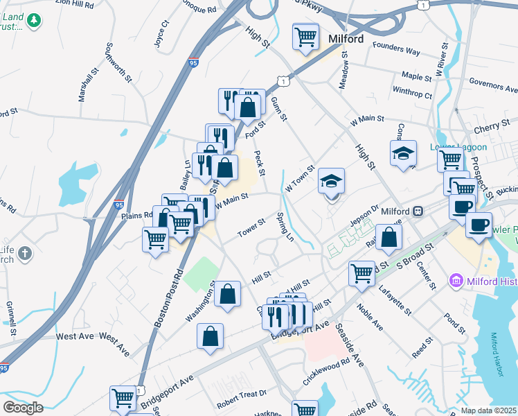 map of restaurants, bars, coffee shops, grocery stores, and more near 305 West Main Street in Milford