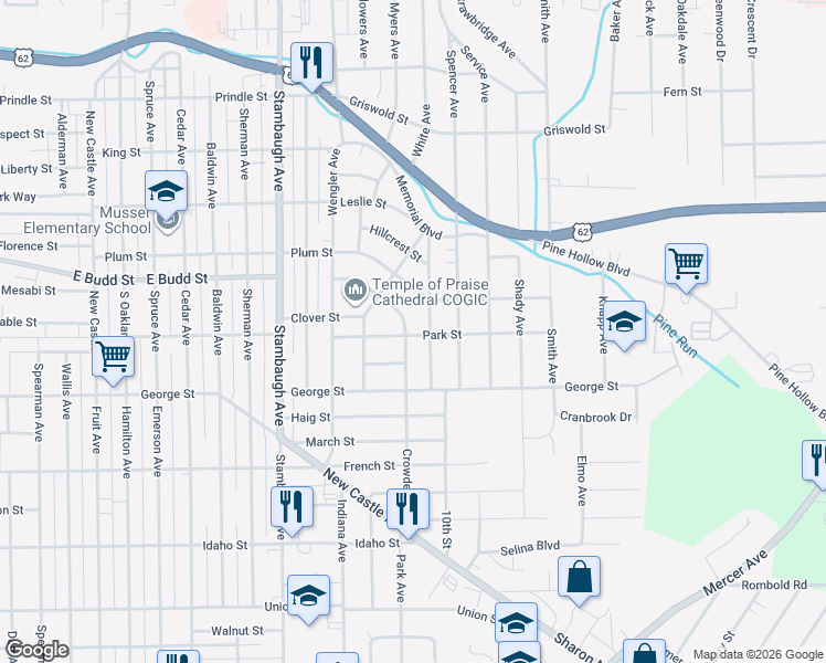 map of restaurants, bars, coffee shops, grocery stores, and more near 731 Crowder Avenue in Sharon