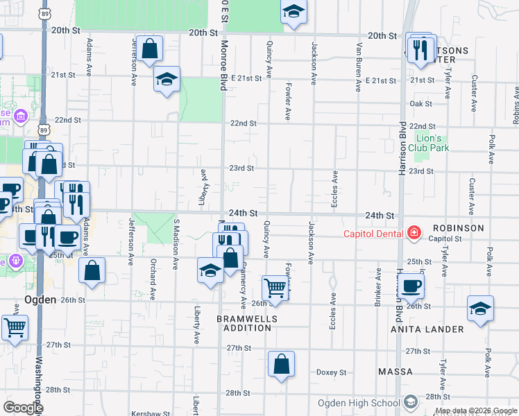 map of restaurants, bars, coffee shops, grocery stores, and more near 878 24th Street in Ogden