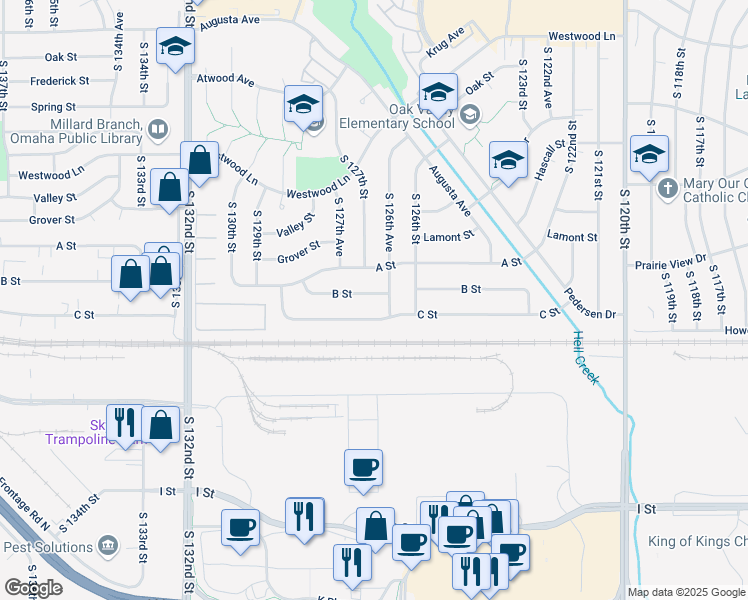 map of restaurants, bars, coffee shops, grocery stores, and more near 12651 B Street in Omaha