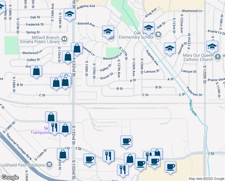 map of restaurants, bars, coffee shops, grocery stores, and more near 12735 B Street in Omaha