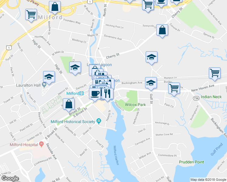 map of restaurants, bars, coffee shops, grocery stores, and more near 52 New Haven Avenue in Milford