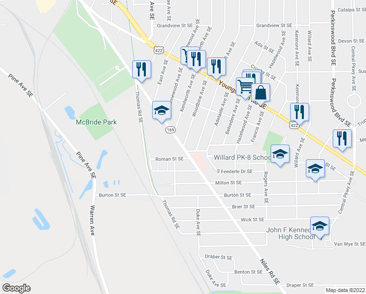 map of restaurants, bars, coffee shops, grocery stores, and more near 1698 Woodbine Avenue Southeast in Warren