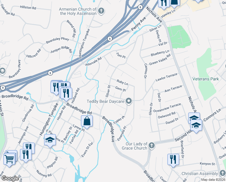 map of restaurants, bars, coffee shops, grocery stores, and more near 25 Cameo Court in Stratford