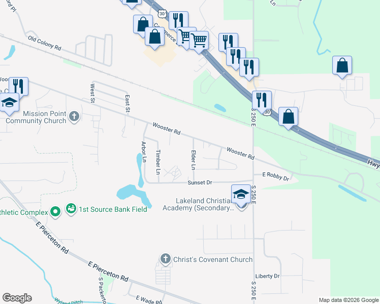 map of restaurants, bars, coffee shops, grocery stores, and more near 706 Elder Lane in Winona Lake