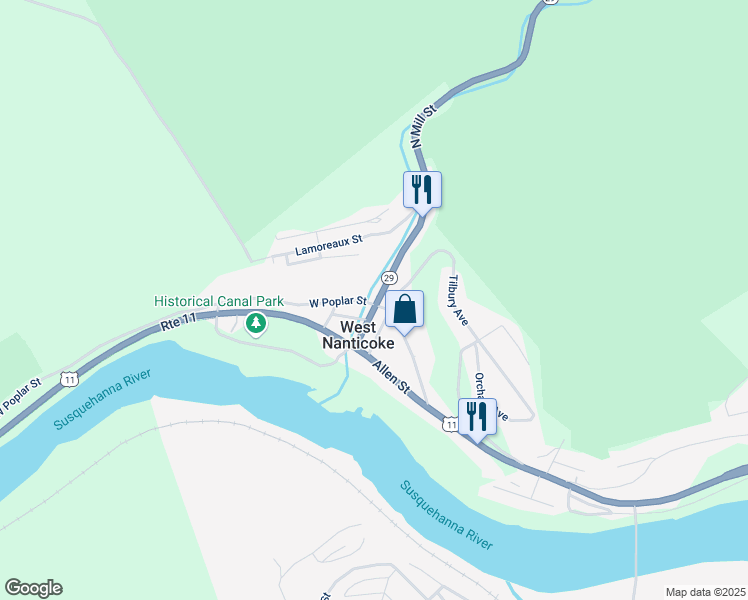 map of restaurants, bars, coffee shops, grocery stores, and more near 13 West Poplar Street in Nanticoke