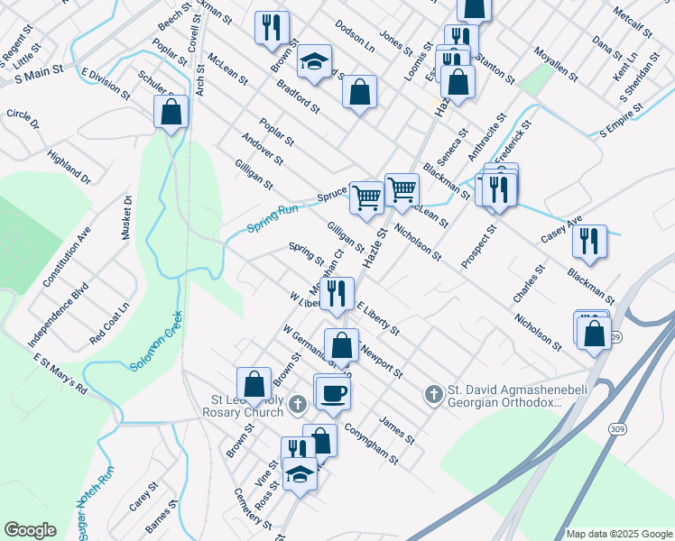 map of restaurants, bars, coffee shops, grocery stores, and more near 19 Spring Street in Ashley
