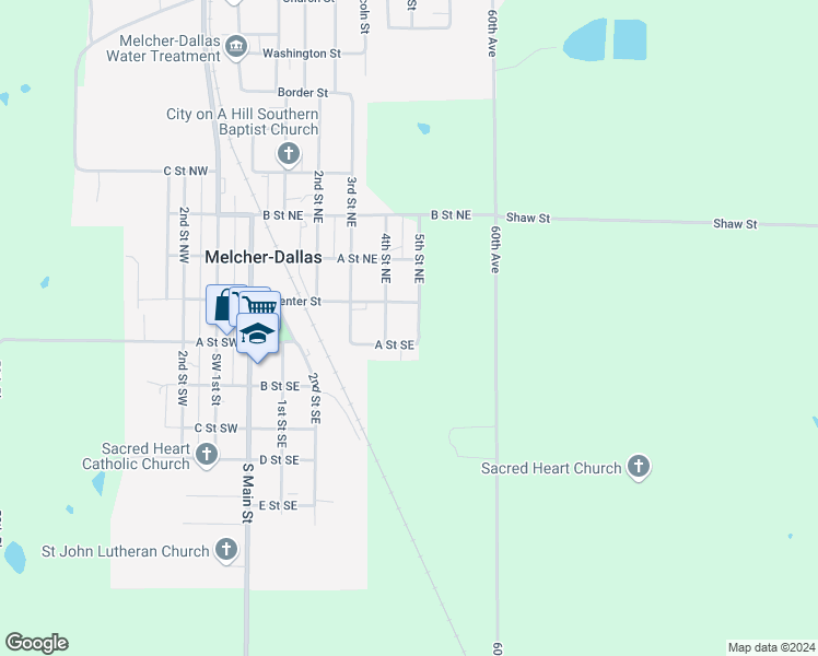 map of restaurants, bars, coffee shops, grocery stores, and more near 107 5th Street Northeast in Melcher-Dallas