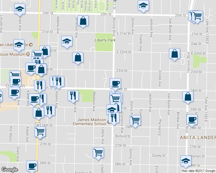 map of restaurants, bars, coffee shops, grocery stores, and more near 768 24th Street in Ogden