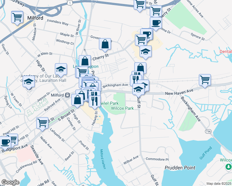 map of restaurants, bars, coffee shops, grocery stores, and more near 103 New Haven Avenue in Milford
