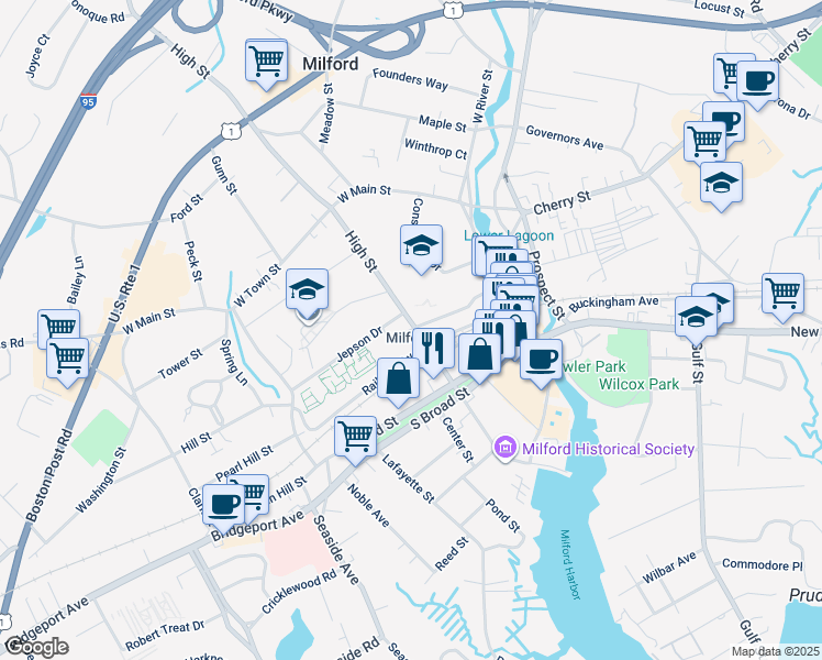 map of restaurants, bars, coffee shops, grocery stores, and more near 146 High Street in Milford