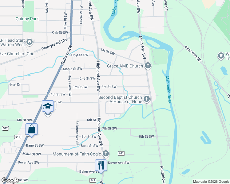 map of restaurants, bars, coffee shops, grocery stores, and more near 460 4th Street Southwest in Warren