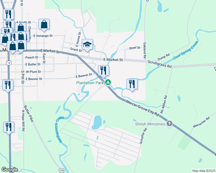 map of restaurants, bars, coffee shops, grocery stores, and more near 734 Wilson Avenue in Mercer