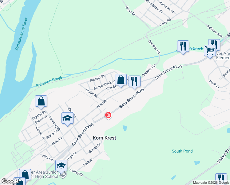 map of restaurants, bars, coffee shops, grocery stores, and more near 373 Main Road in Wilkes-Barre