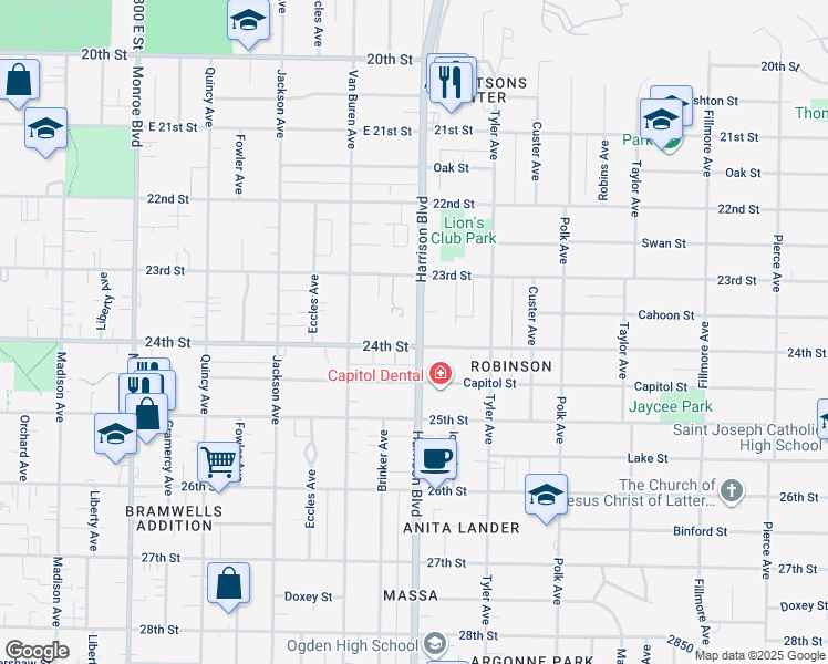 map of restaurants, bars, coffee shops, grocery stores, and more near 2388 Harrison Boulevard in Ogden