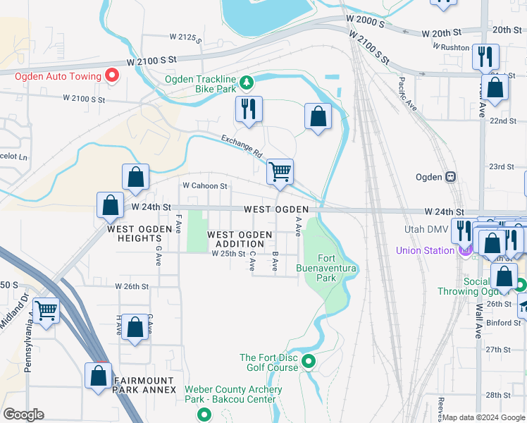 map of restaurants, bars, coffee shops, grocery stores, and more near 2364 B Avenue in Ogden