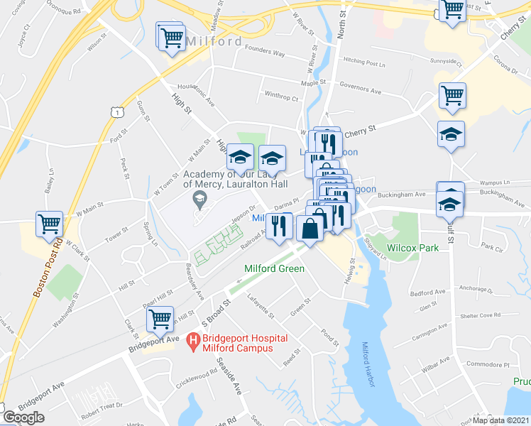 map of restaurants, bars, coffee shops, grocery stores, and more near 51 Darina Place in Milford