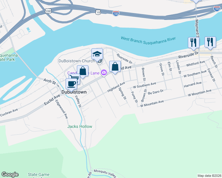 map of restaurants, bars, coffee shops, grocery stores, and more near 201 Summer Street in Duboistown