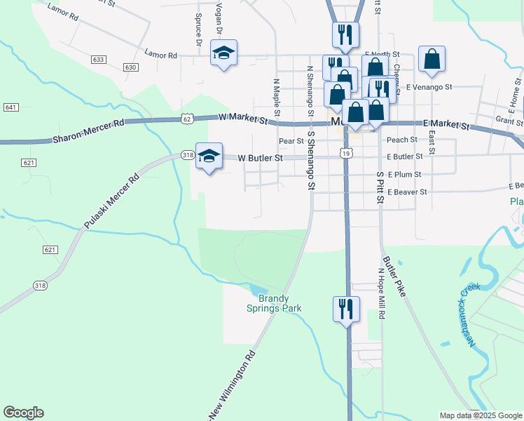 map of restaurants, bars, coffee shops, grocery stores, and more near 340 Park Street in Mercer