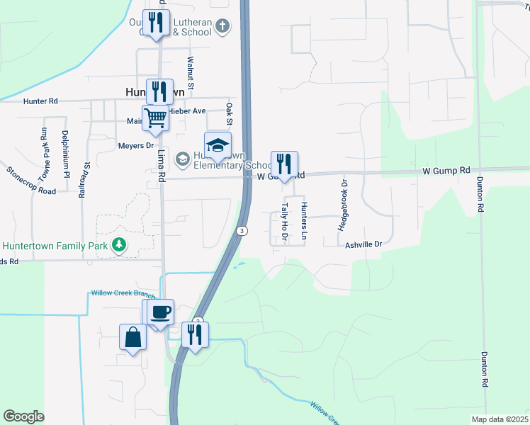 map of restaurants, bars, coffee shops, grocery stores, and more near 15079 Carmel Lane in Huntertown