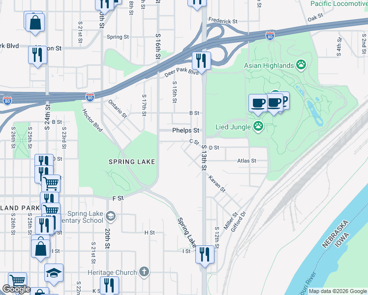 map of restaurants, bars, coffee shops, grocery stores, and more near 1413 C Street in Omaha