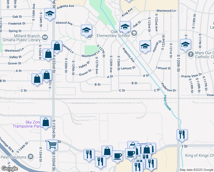 map of restaurants, bars, coffee shops, grocery stores, and more near 12651 B Street in Omaha