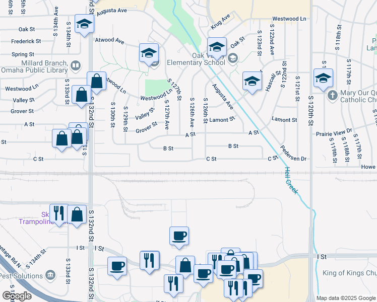 map of restaurants, bars, coffee shops, grocery stores, and more near 12651 B Street in Omaha