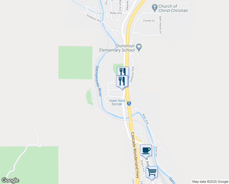 map of restaurants, bars, coffee shops, grocery stores, and more near 4314 Pioneer Way in Dunsmuir